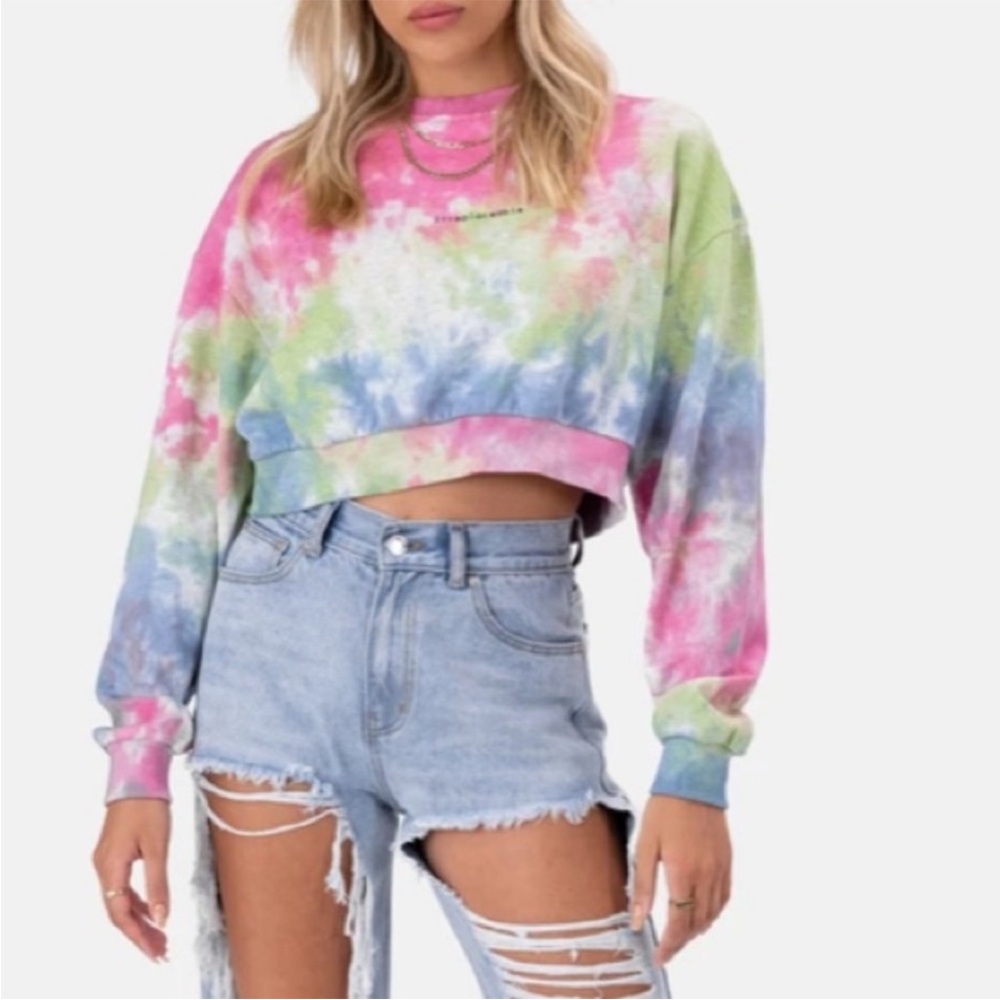 ADIKA Cropped Tie Dye Crewneck Sweatshirt “Irreplaceable” Pullover Top Size XS